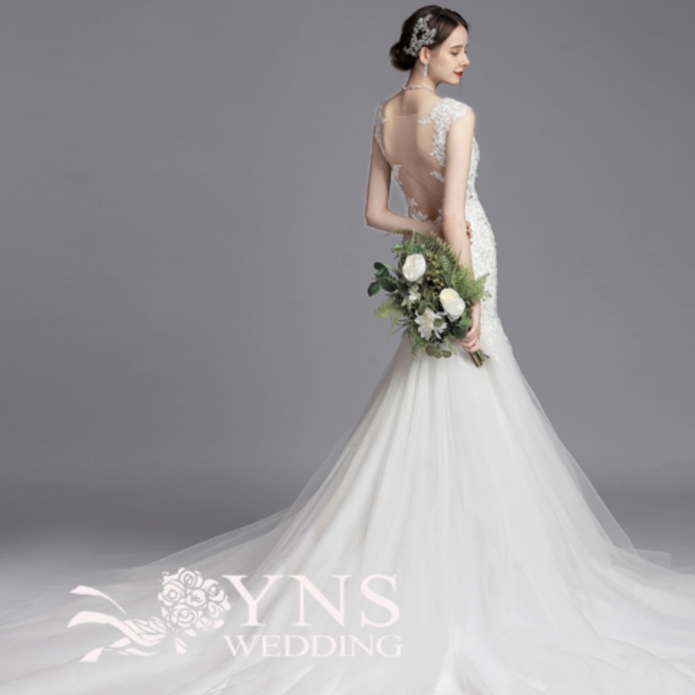 Antique White Satin Lace Tulle Beaded Bridal Gown - YNS Wedding Tokyo